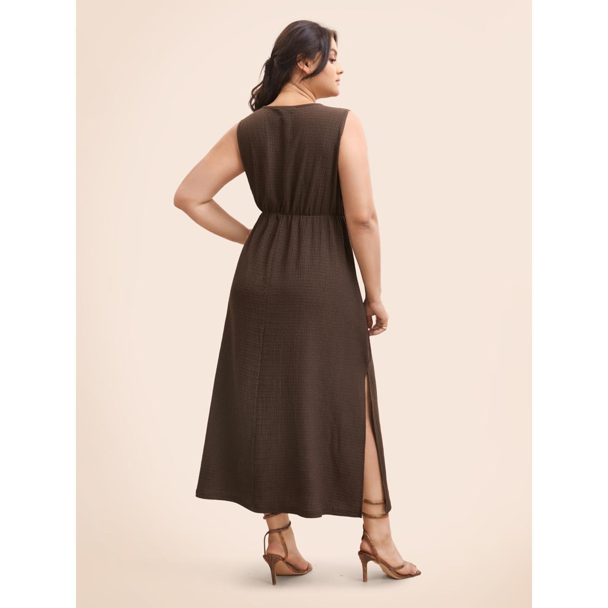 Plus Size Twist Front Split Hem Sleeveless Dress DarkBrown Women Casual Twist Round Neck Sleeveless Curvy BloomChic 14-16/1X Product Image