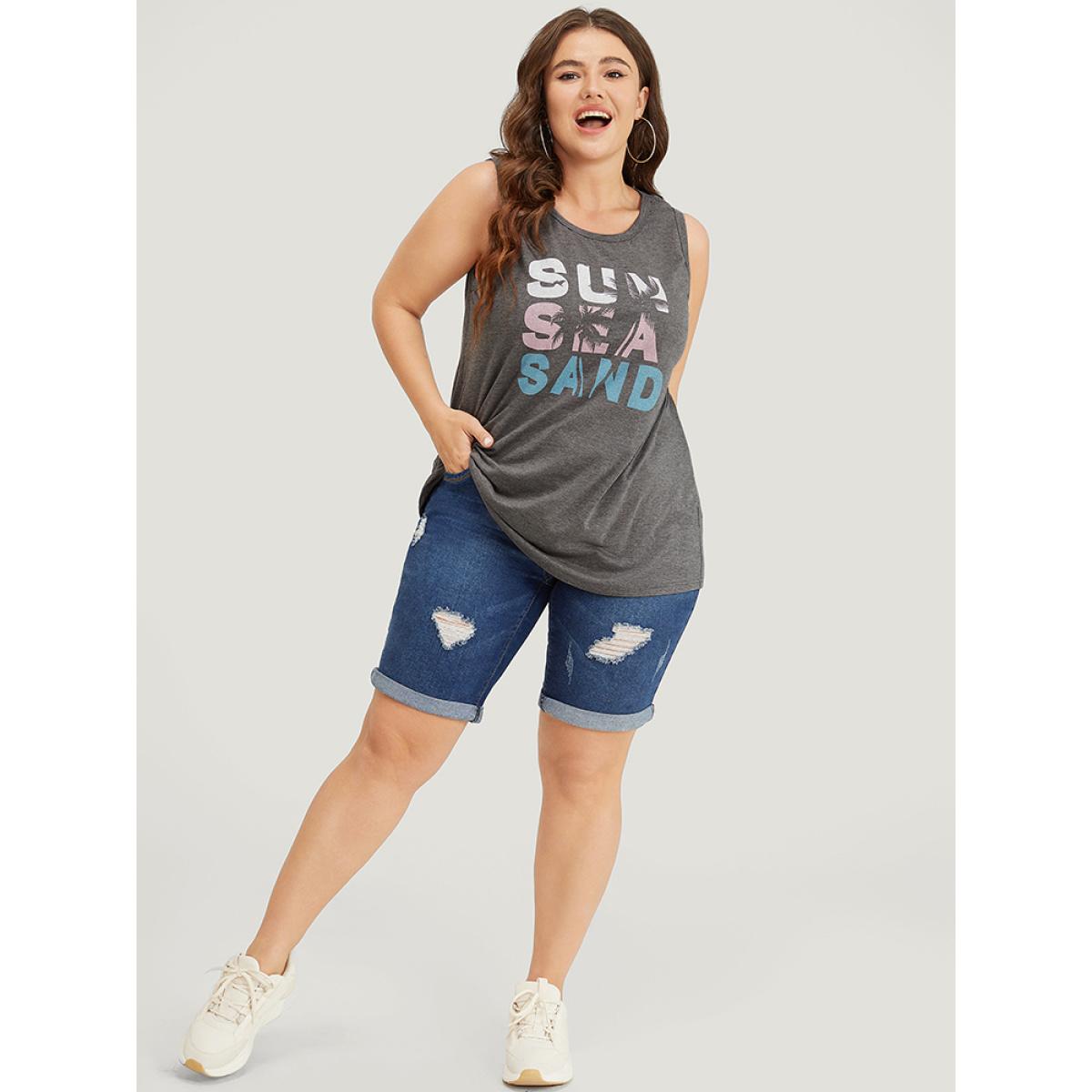 Plus Size Letter & Coconut Tree Print Crew Neck Graphic Tank Top Women Gray Casual Dailywear Tank Tops Camis BloomChic 12/L Product Image
