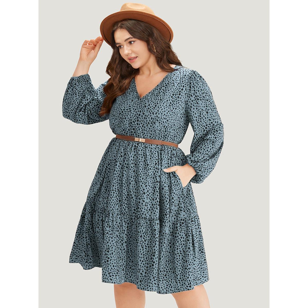 Plus Size Leopard Lantern Sleeve V Neck Pocket Dress Chocolate Women Elegant Elastic cuffs V-neck Long Sleeve Curvy Midi Dress BloomChic 26/4X Product Image