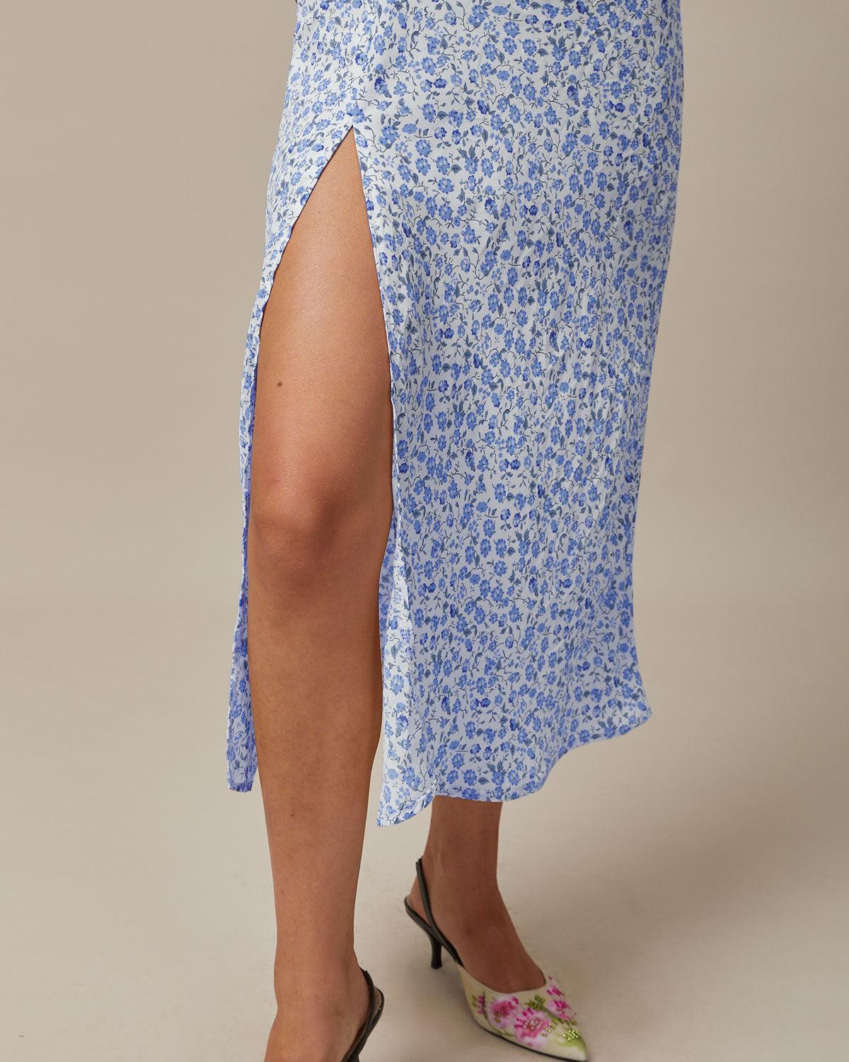 The Blue Round Neck Floral Slit Midi Dress Product Image