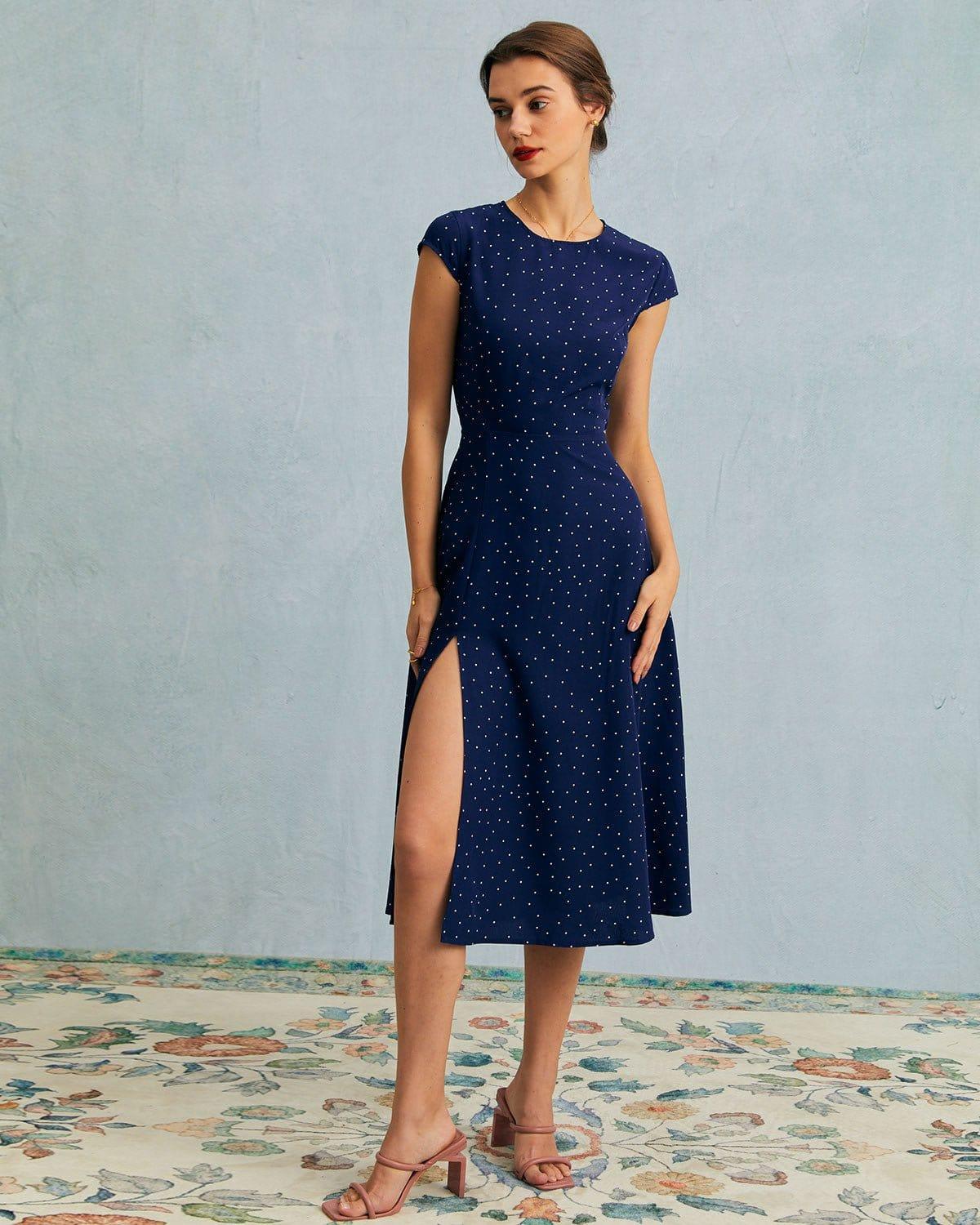The Navy Round Neck Polka Dot Cutout Midi Dress Product Image