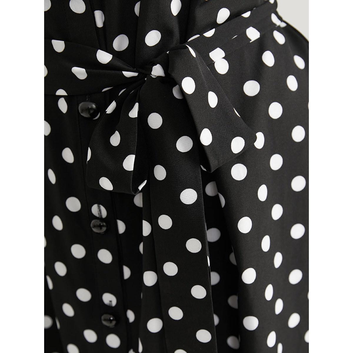 Plus Size Halloween Polka Dot Shirt Collar Button Up Belted Dress Black Women Office Belted Shirt collar Long Sleeve Curvy Midi Dress BloomChic 26/4X Product Image