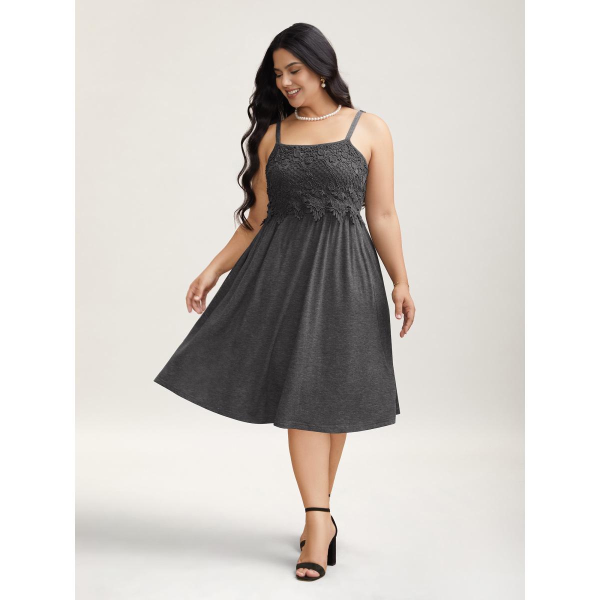 Plus Size Lace Waist-Cinched Pockets Midi Dress DarkGray Women Timeless Woven ribbon&lace trim Square Neck Sleeveless Curvy BloomChic 28/5X Product Image