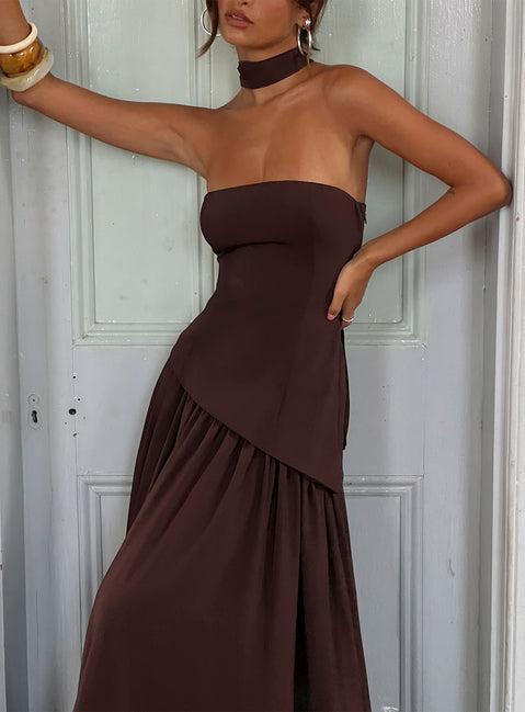 Odela Strapless Drop Waist Maxi Dress Chocolate Product Image