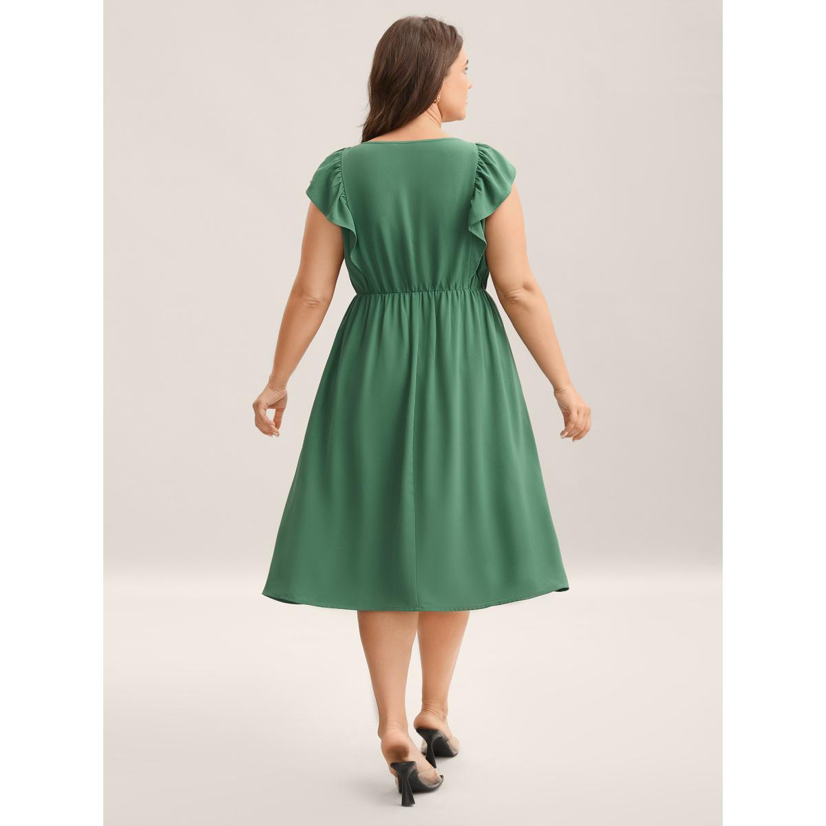 Plus Size Lace Trim Pleated Ruffled Sleeve Midi Dress Emerald Women Round Neck Sleeveless Curvy BloomChic 12/L Product Image
