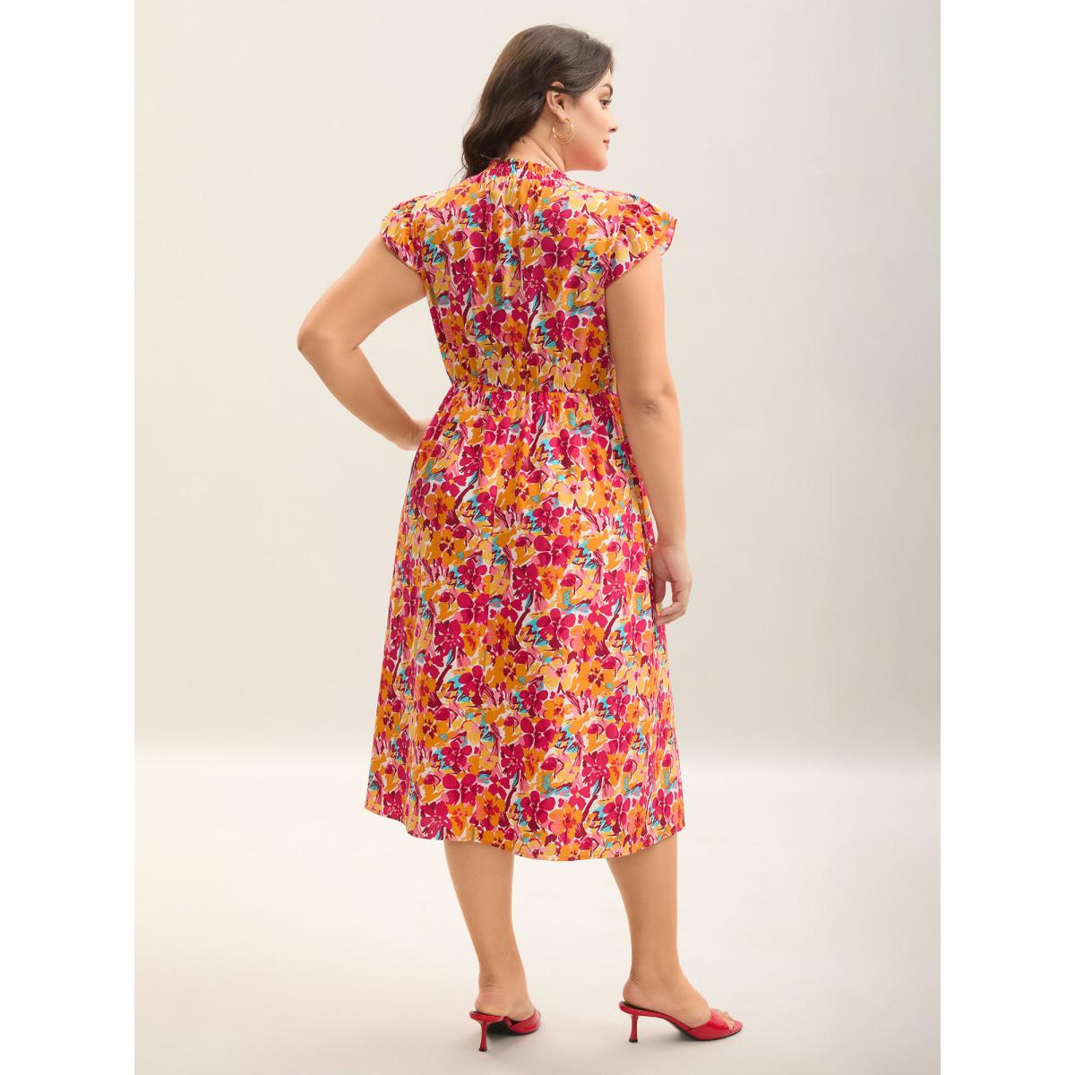 Plus Size Floral Print Shirred Pockets Midi Dress Peach Women Romantic Frill Trim Mock Neck Cap Sleeve Curvy BloomChic 14-16/1X Product Image