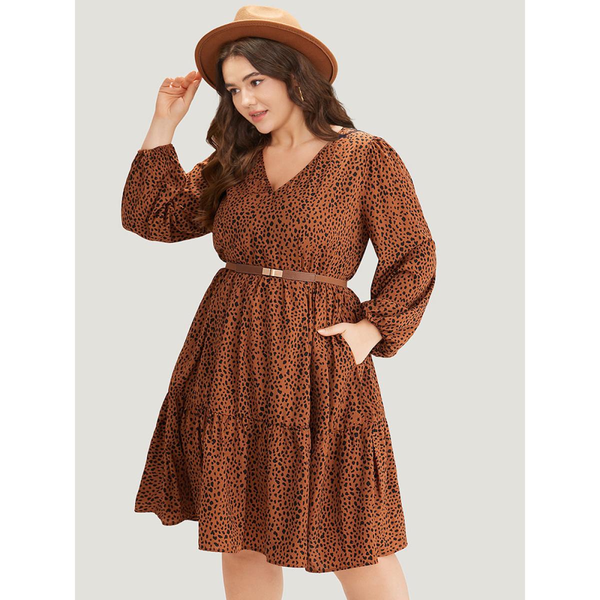 Plus Size Leopard Lantern Sleeve V Neck Pocket Dress Chocolate Women Elegant Elastic cuffs V-neck Long Sleeve Curvy Midi Dress BloomChic 26/4X Product Image