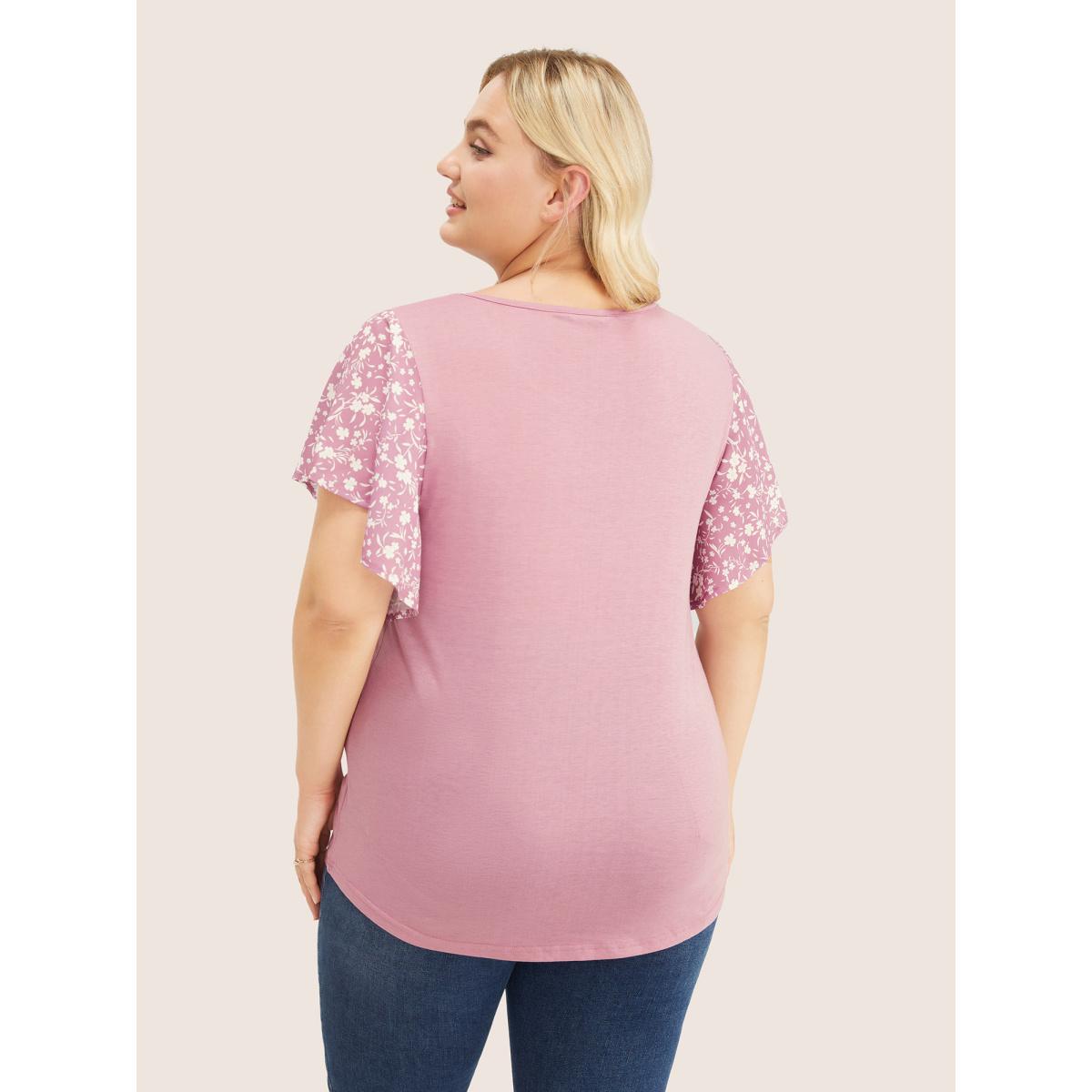 Plus Size Ditsy Floral Ruffle Sleeve Round Neck T-Shirt DustyPink Women Elegant Ditsy Floral Everyday T-shirts BloomChic 18-20/2X Product Image