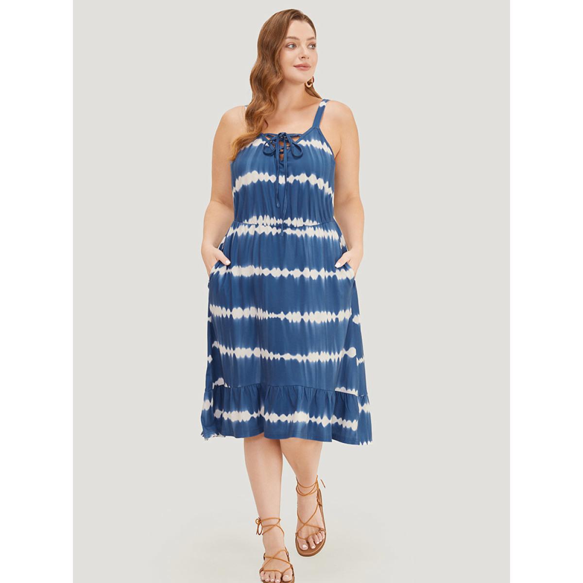 Plus Size Tie Dye Lace Up Pocket Striped Cami Dress Indigo Women Vacation Adjustable Straps Spaghetti Strap Sleeveless Curvy Midi Dress BloomChic 12/L Product Image