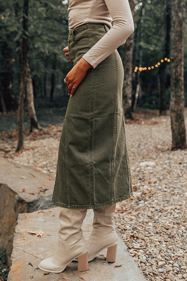 The Maris High Waist Denim Skirt in Olive Product Image