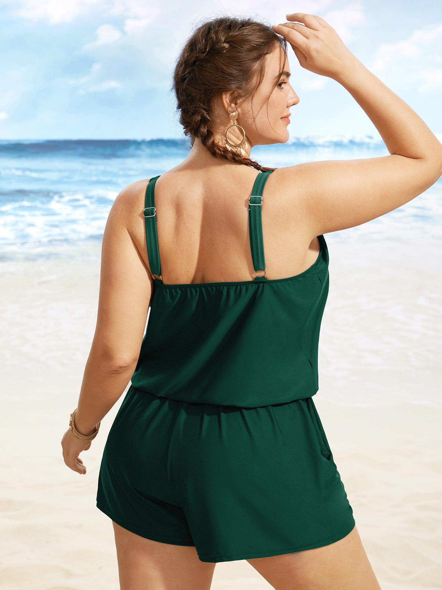 Solid Keyhole Elastic Waist Gathered One Piece Swimsuit Female Product Image