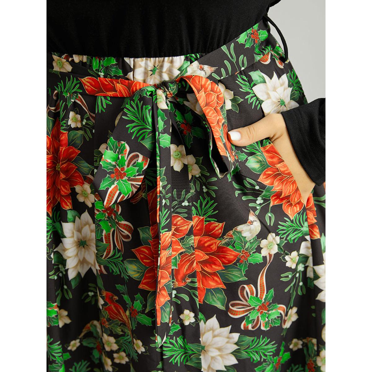 Plus Size Square Neck Floral Print Belted Contrast Dress Black Women Office Belted Square Neck Long Sleeve Curvy Midi Dress BloomChic 14-16/1X Product Image