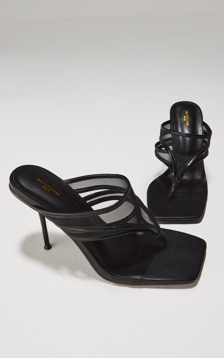 Wide Fit Black Square Toe Double Mesh Toe Thong High Stiletto Heeled Mules Product Image