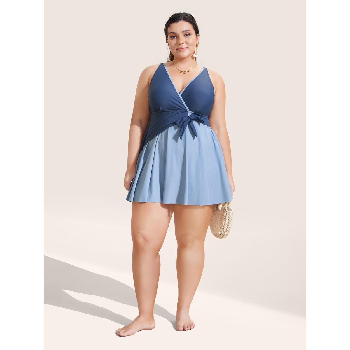 Plus Size Contrast V Neck Tie Knot Swim Dress Women's Swimwear Indigo Beach Bodycon V-neck High stretch Curve Swim Dresses BloomChic 12/L Product Image