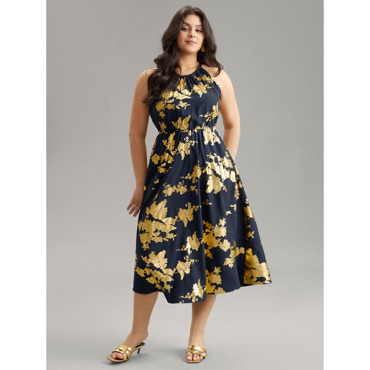 Plus Size Glitter Pocket Halter Keyhole Midi Dress DarkBlue Women Glamour Printed Round Neck Sleeveless Curvy Midi Dress BloomChic 14-16/1X Product Image