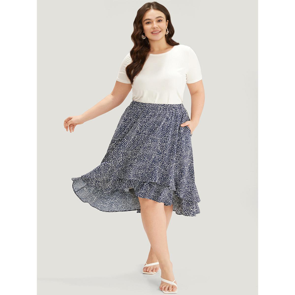 Plus Size Allover Print Pocket Ruffle Layered Hem Skirt Women Indigo Elegant Elastic Waist No stretch Pocket Dailywear Skirts BloomChic 30/6X Product Image