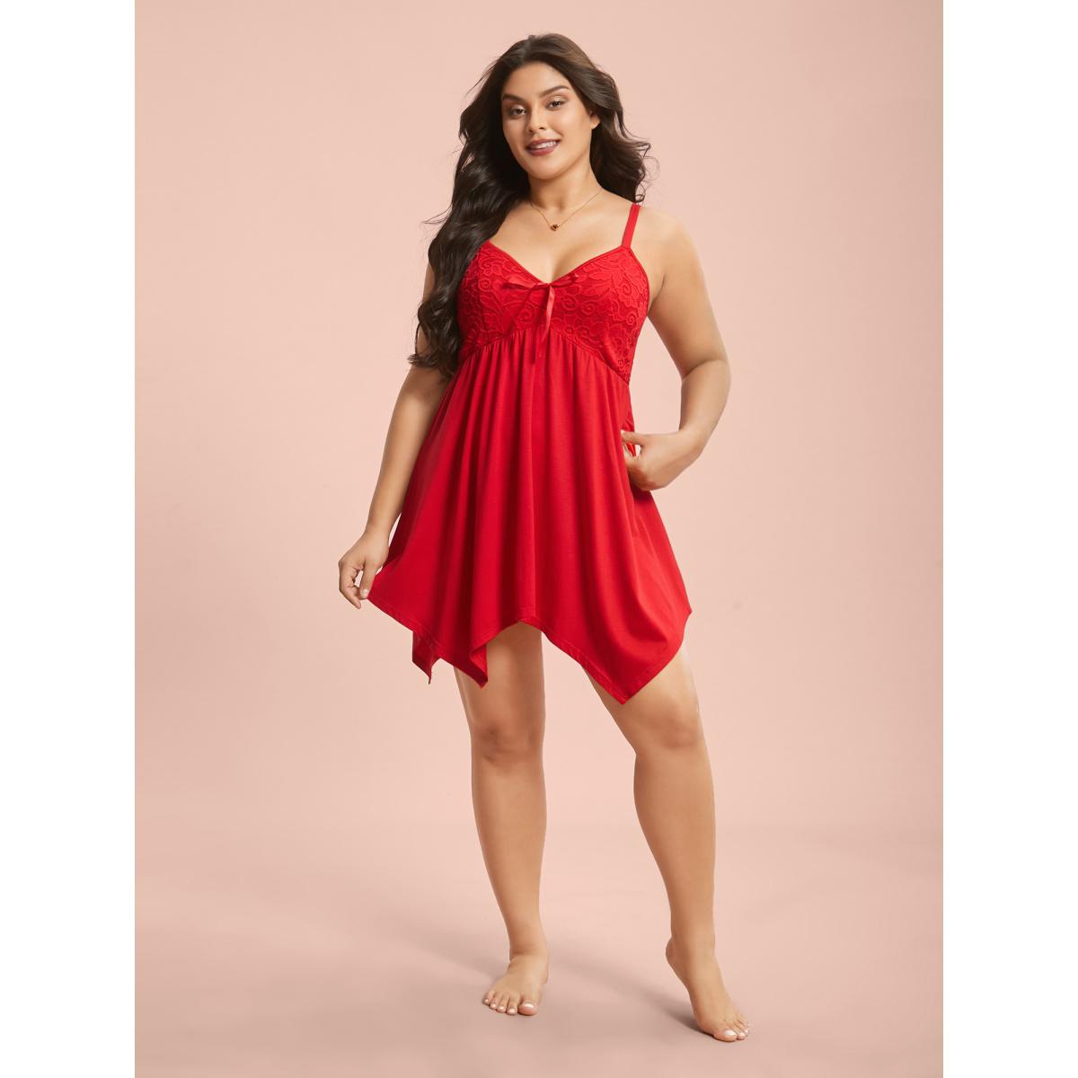 Plus Size Bowknot Crochet Lace Asymmetrical Hem Lounge Dress Women Brightred Lounge Texture V-neck Loungewear BloomChic 26/4X Product Image