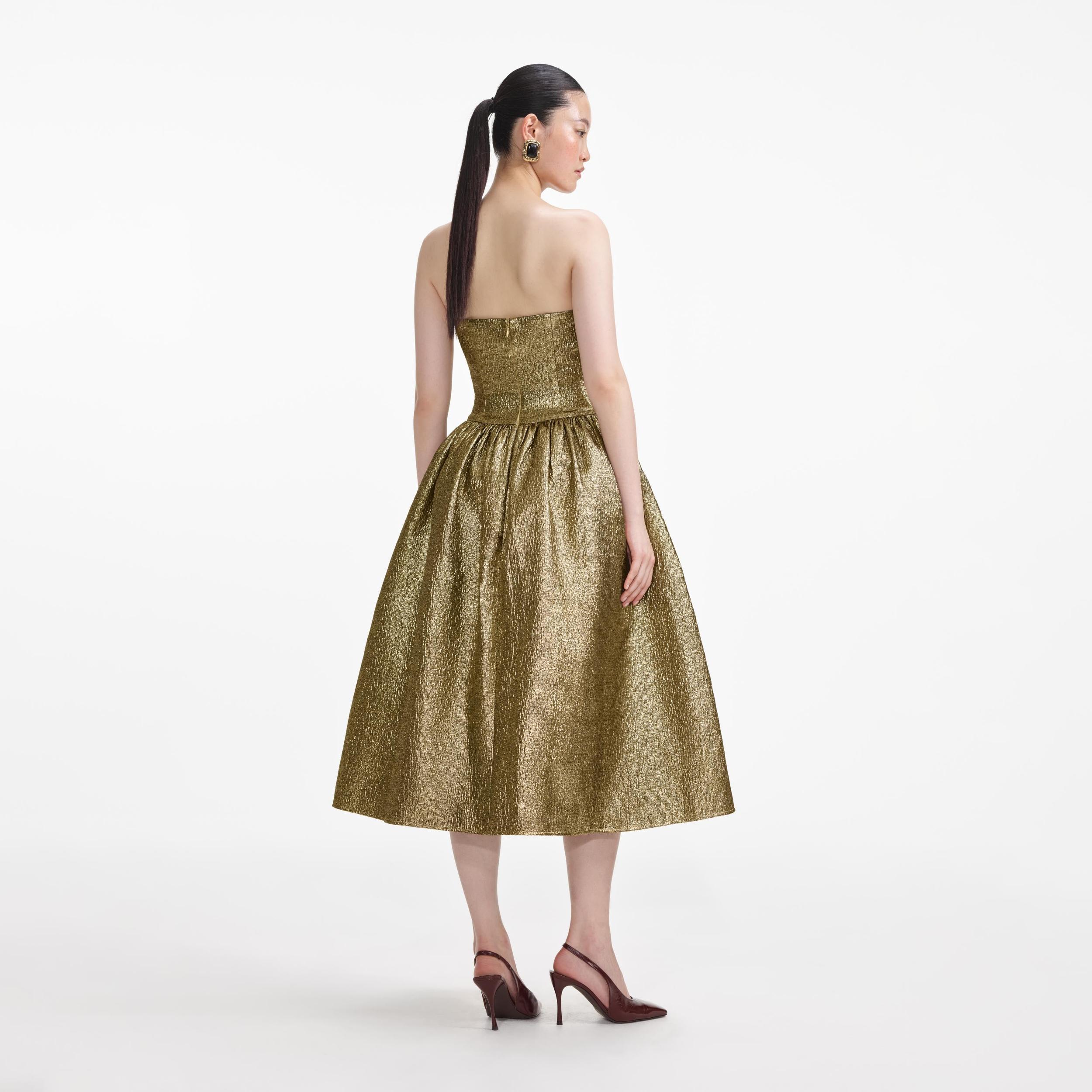 Gold Metallic Jacquard Midi Dress Product Image