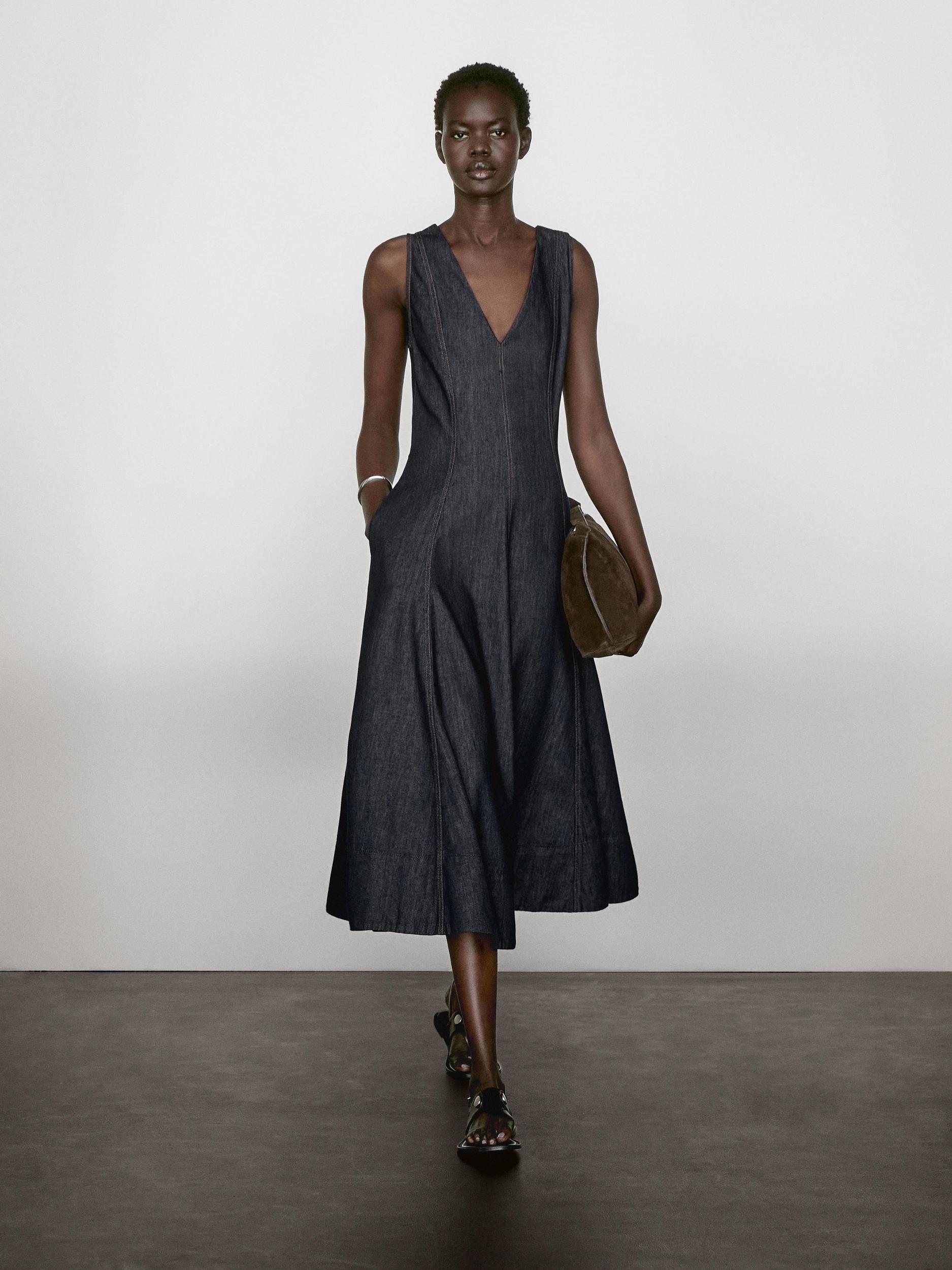 Denim midi dress with seam details Product Image