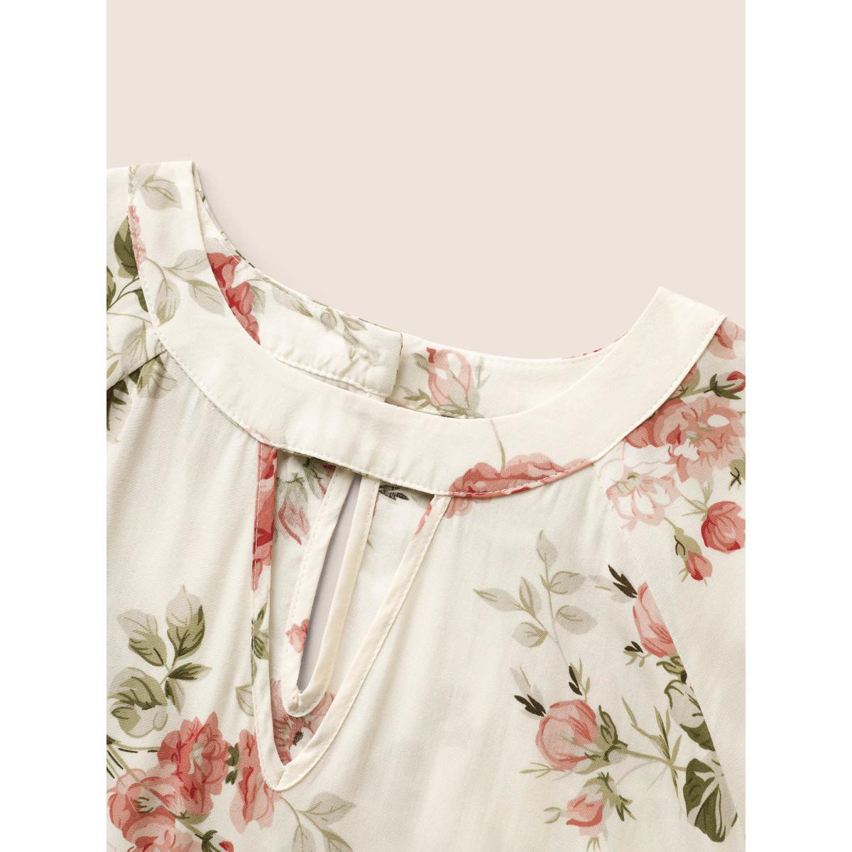 Plus Size Ivory Floral Print Keyhole Flutter Sleeve Blouse Women Elegant Short sleeve Round Neck Everyday Blouses BloomChic 22-24/3X Product Image