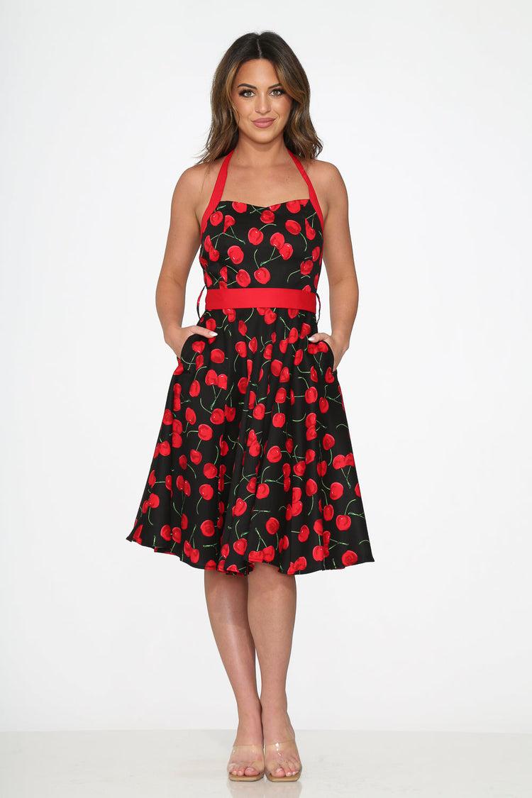 Black & Red Cherry Halter Dress Product Image
