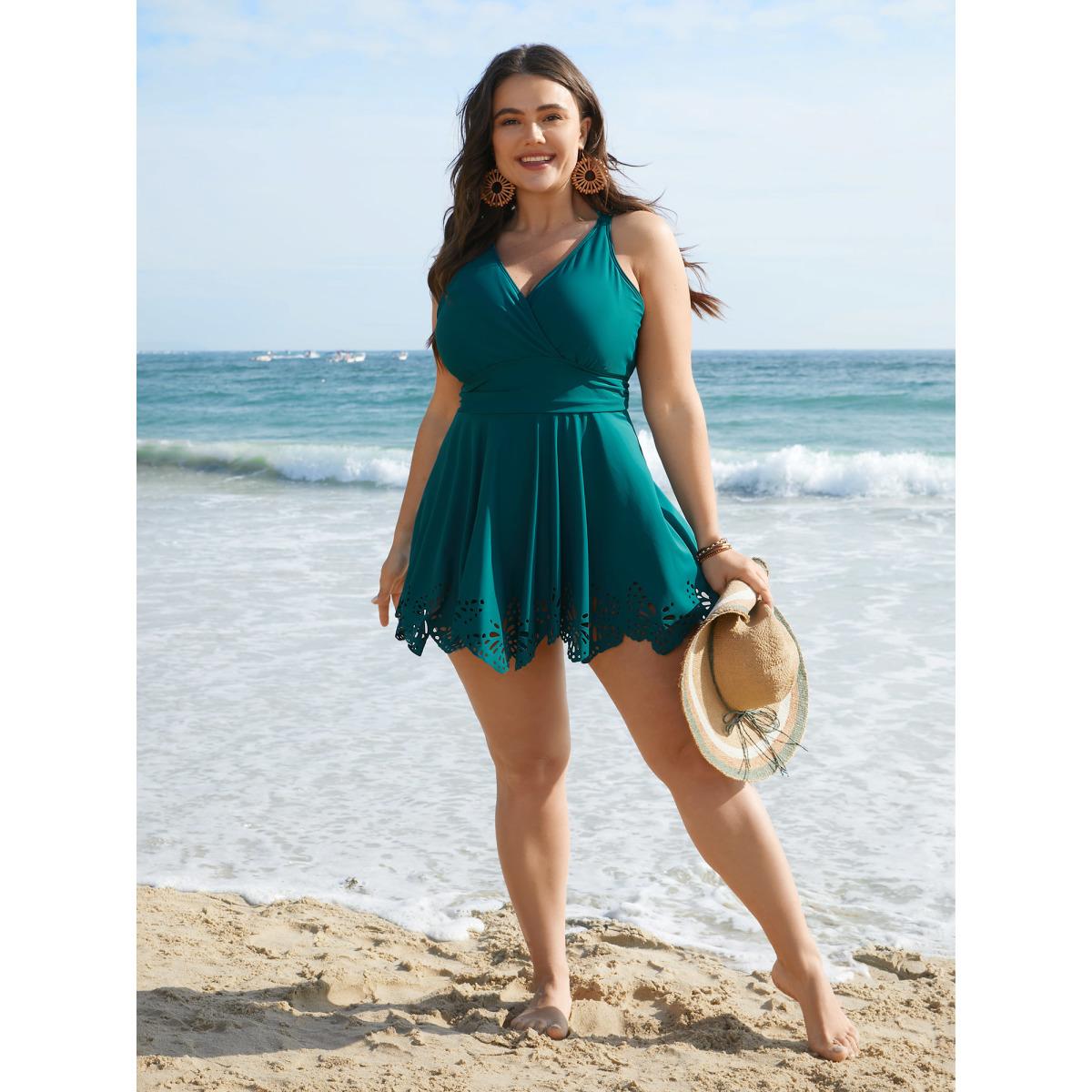 Plus Size Laser Cut Overlap Collar Waist-Cinched Swim Dress Women's Swimwear Cyan Beach Bodycon Overlap Collar High stretch Curve Swim Dresses BloomChic 10/M Product Image