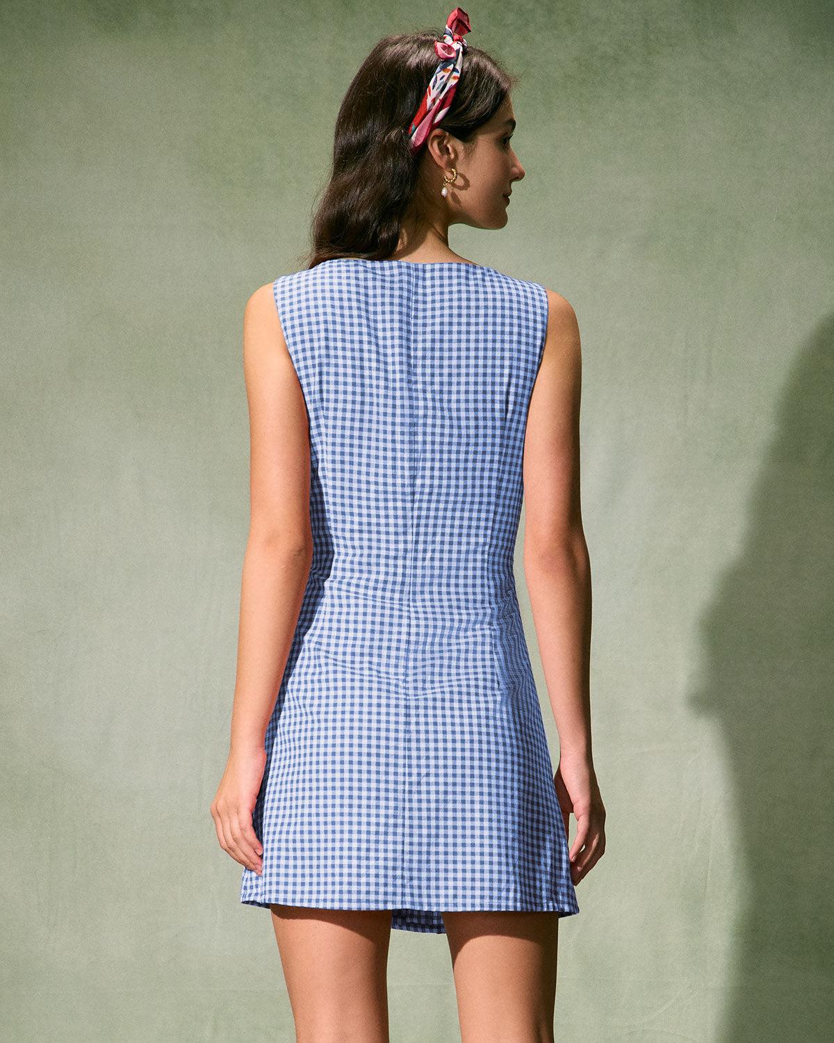 The Blue Boat Neck Cotton Plaid Mini Dress Product Image
