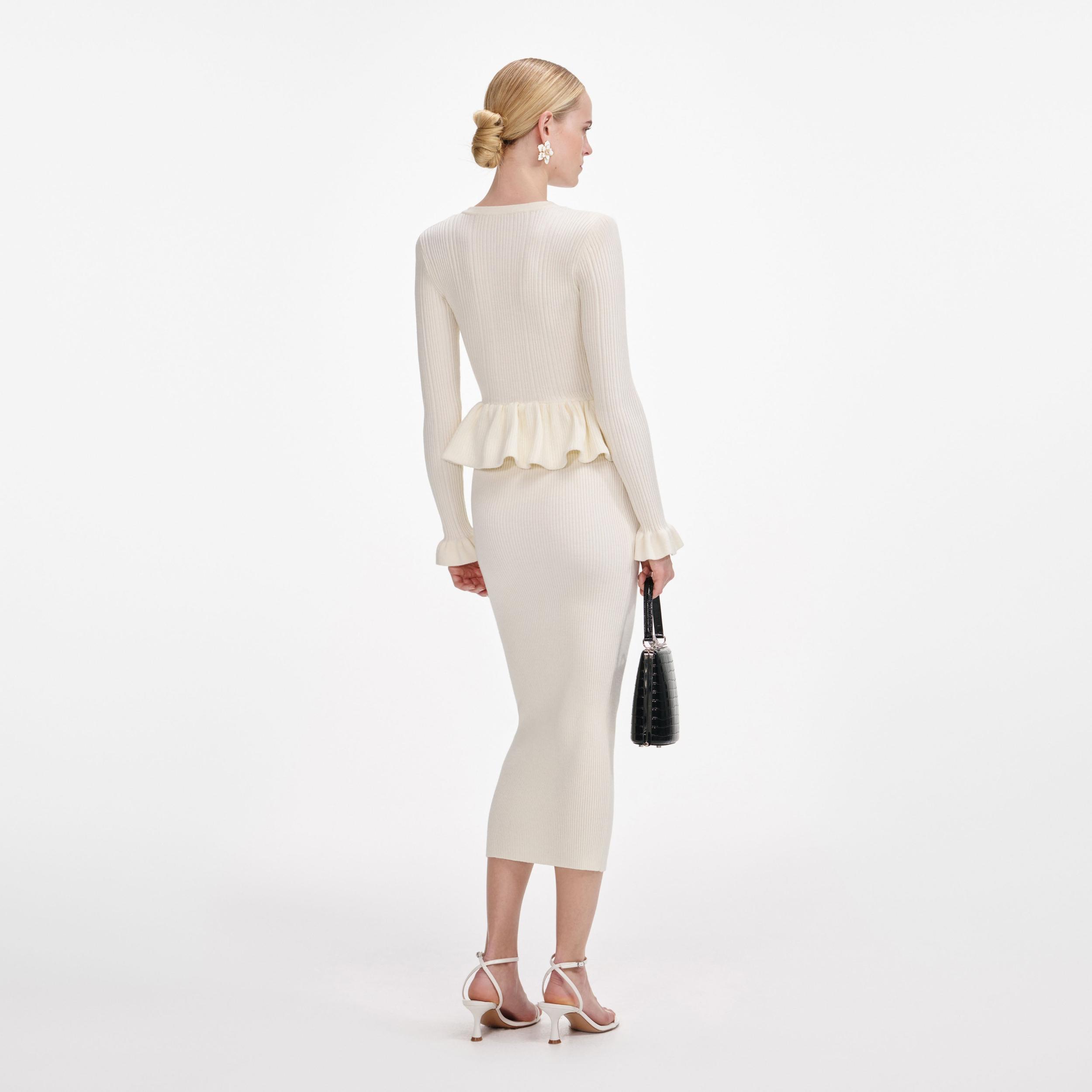 Cream Asymmetric Knit Midi Dress Product Image