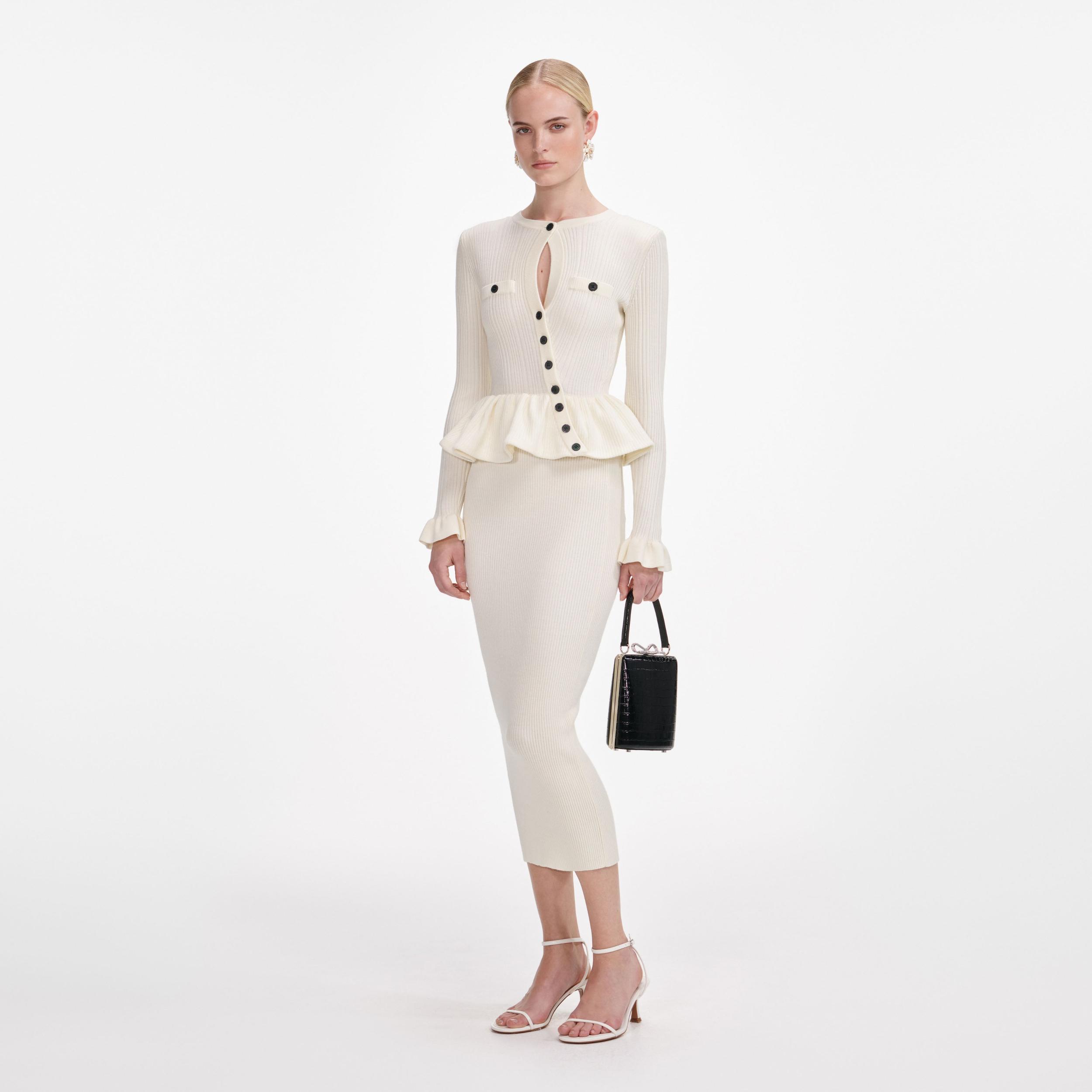 Cream Asymmetric Knit Midi Dress Product Image