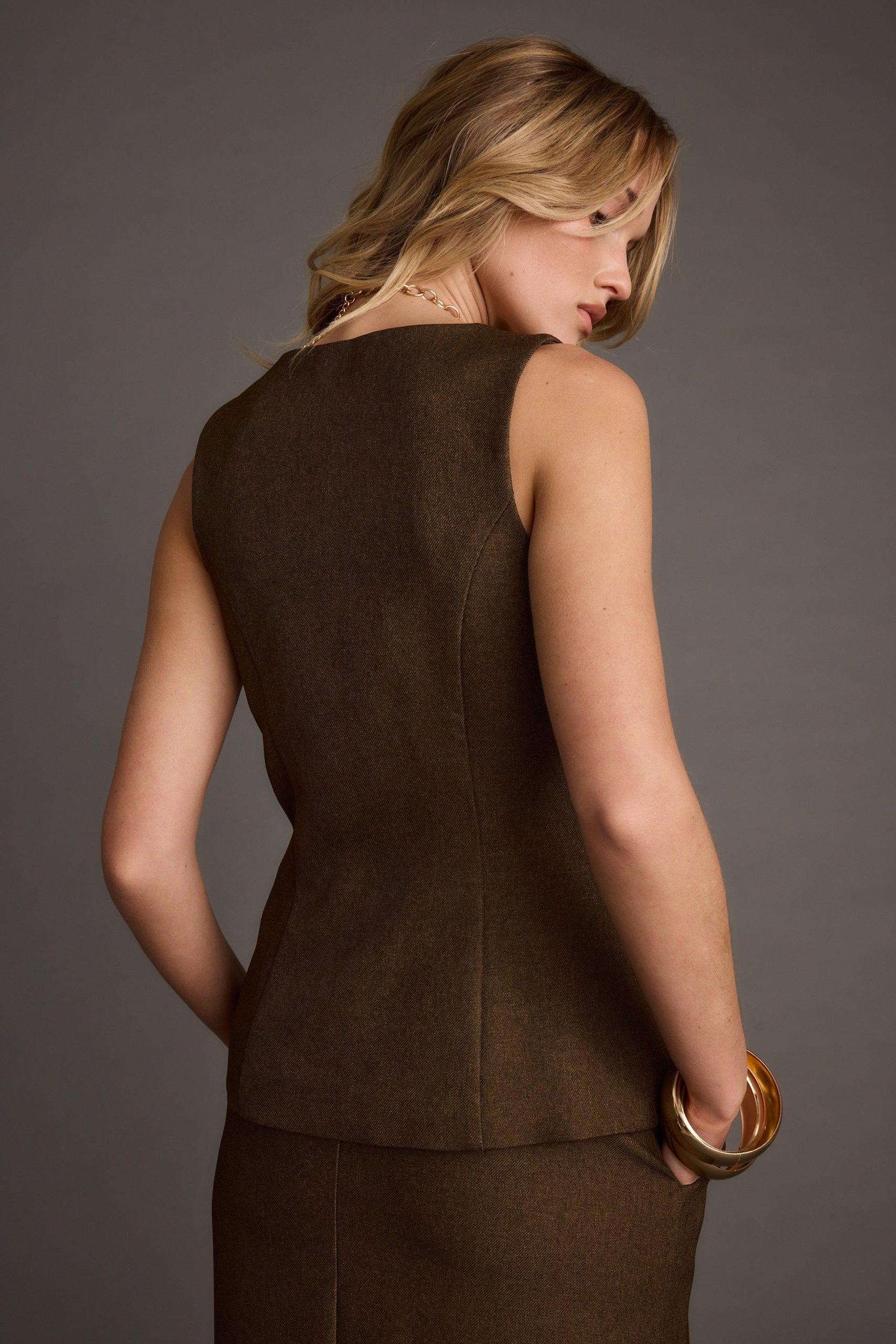 Tory Mocha Twill Button Front Sleeveless Top Product Image