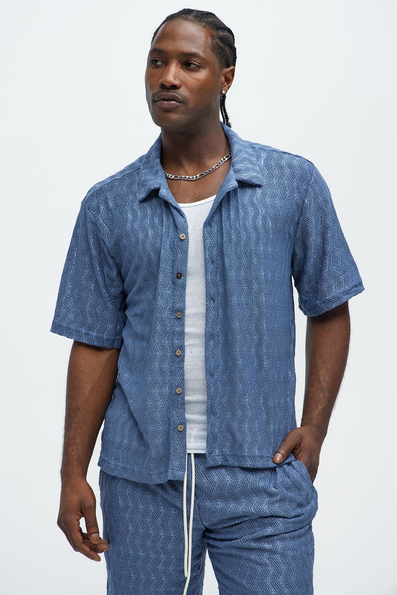 Echo Textured Short Sleeve Button Up - Blue Product Image