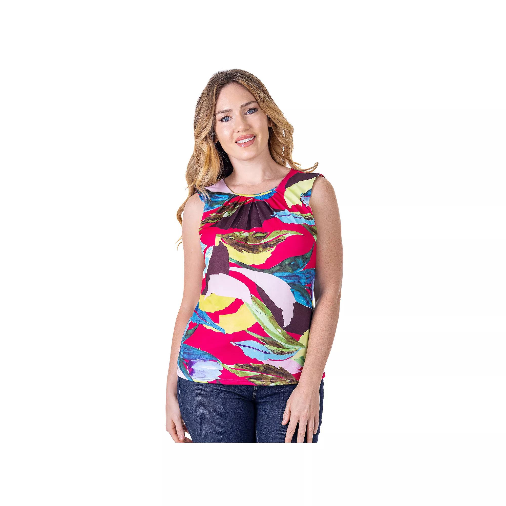 Women's 24Seven Comfort Apparel Pleated Crew Neckline Back Closure Sleeveless Top, Size: Large, Pink Team Product Image