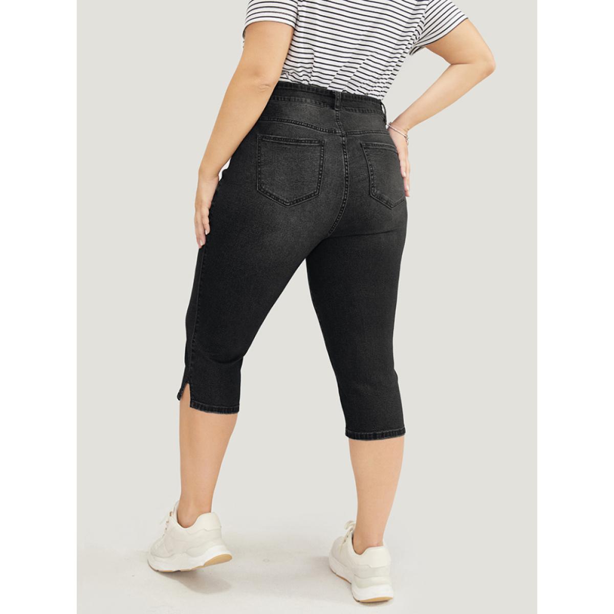 Plus Size Very Stretchy Medium Wash Split Hem Knee Denim Shorts Women Black High stretch Dailywear Pocket Casual Denim Shorts BloomChic 20/2X Product Image