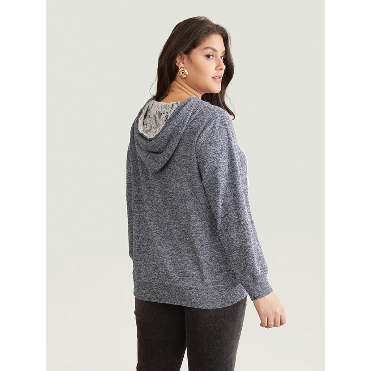 Plus Size Crochet Lace Patchwork Pocket Hooded Sweatshirt Women Indigo Casual Contrast Hooded Everyday Sweatshirts BloomChic 10/M Product Image