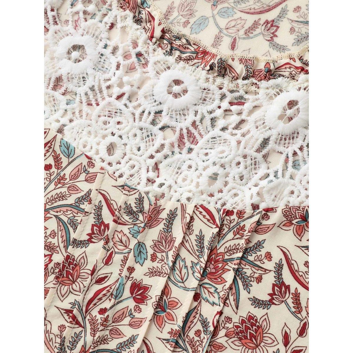 Plus Size Multicolor Sheer Lace Ruffled Neck Floral Blouse Women Boho Short sleeve Round Neck Vacation Blouses BloomChic 12/L Product Image