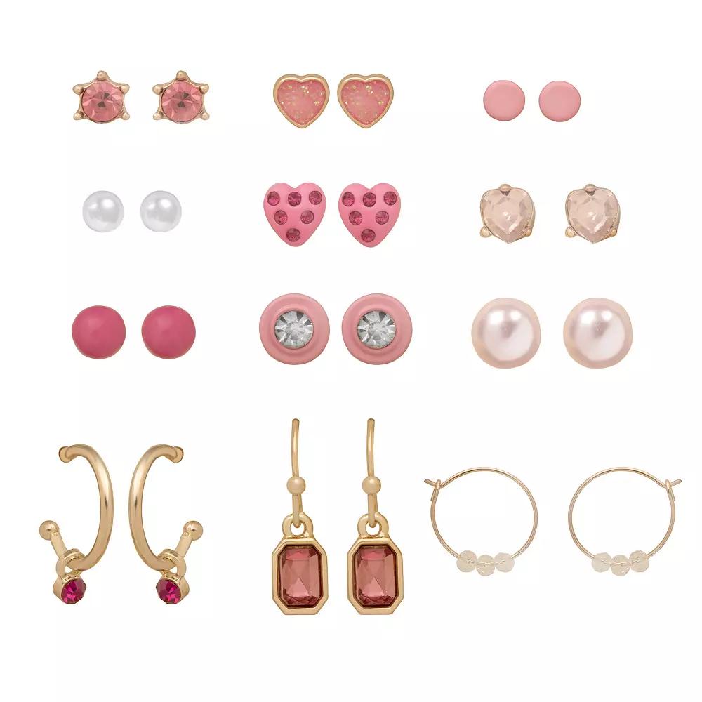 LC Lauren Conrad Bright Pink Earrings 12-Pair Pack, Women's Product Image
