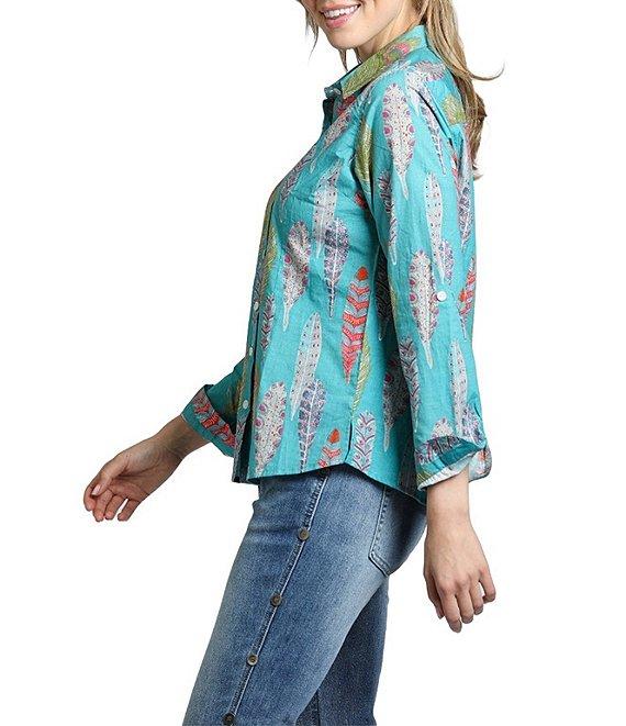 APNY Printed Spread Collar Neckline Long Sleeve Button Front Top Product Image