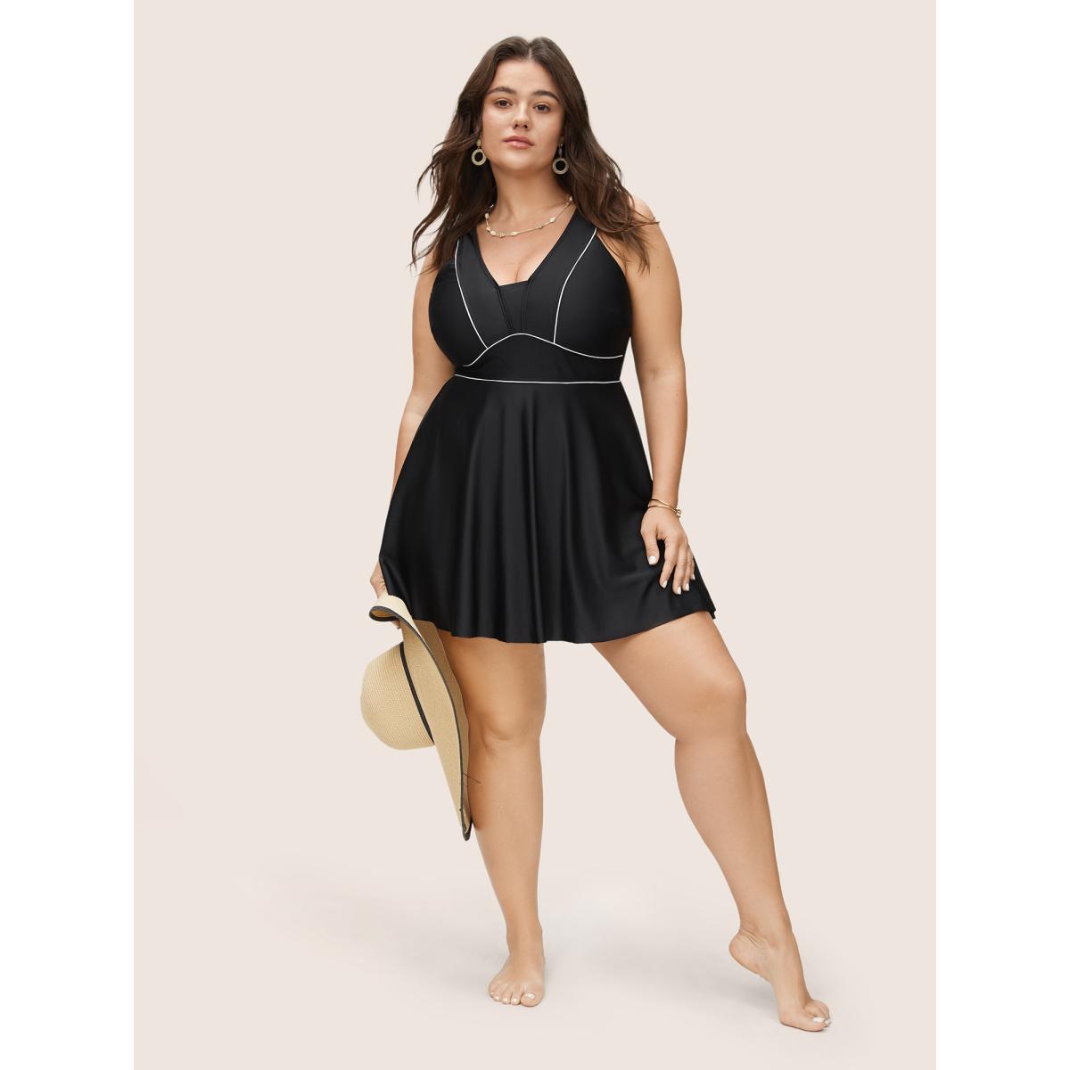 Plus Size Contrast Trim Adjustable Straps Swim Dress Women's Swimwear Black Beach Bodycon V-neck High stretch Curve Swim Dresses BloomChic 26/4X Product Image