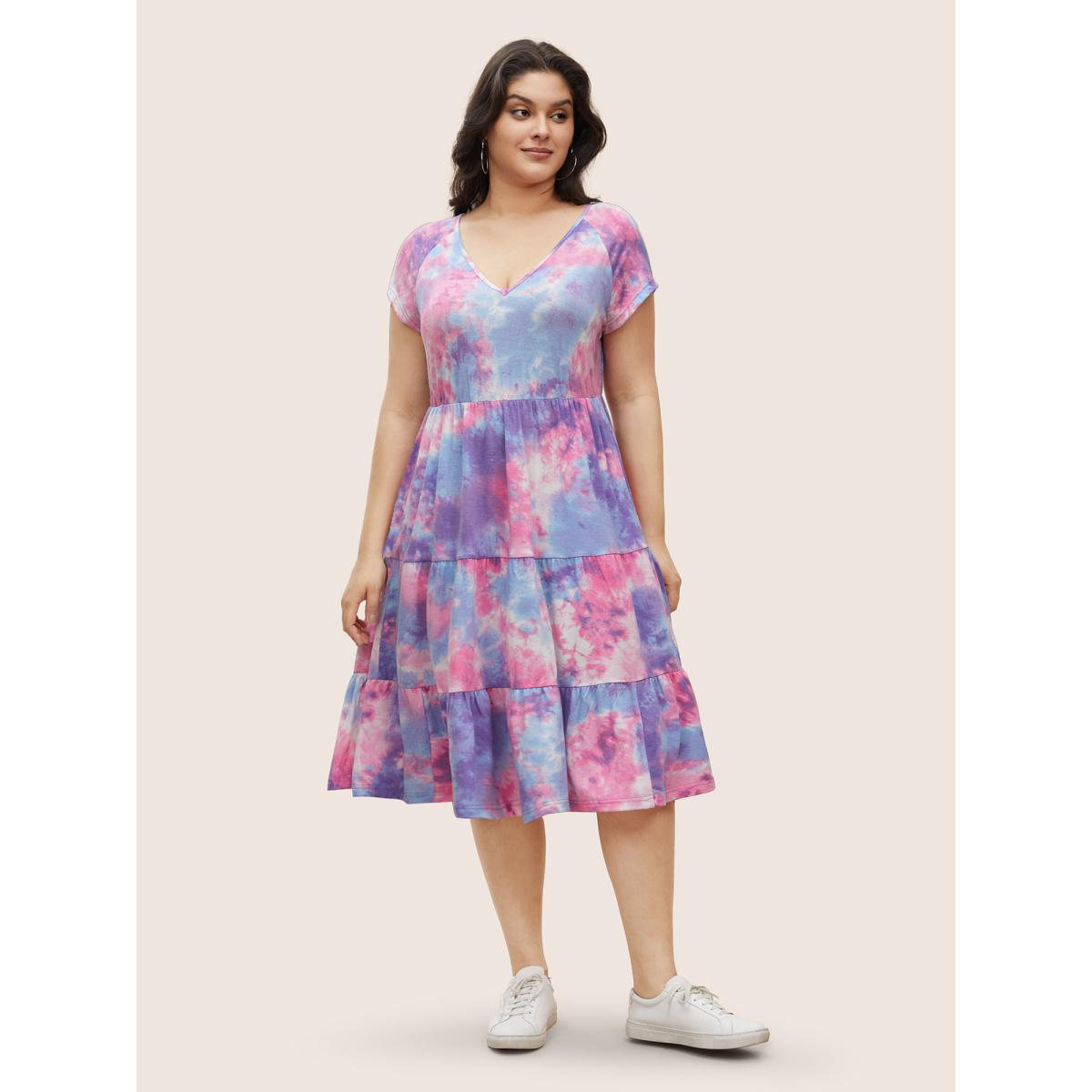 Plus Size Tie Dye Raglan Sleeve Patchwork Gathered Dress Multicolor Women Casual Gathered V-neck Cap Sleeve Curvy Midi Dress BloomChic 22-24/3X Product Image