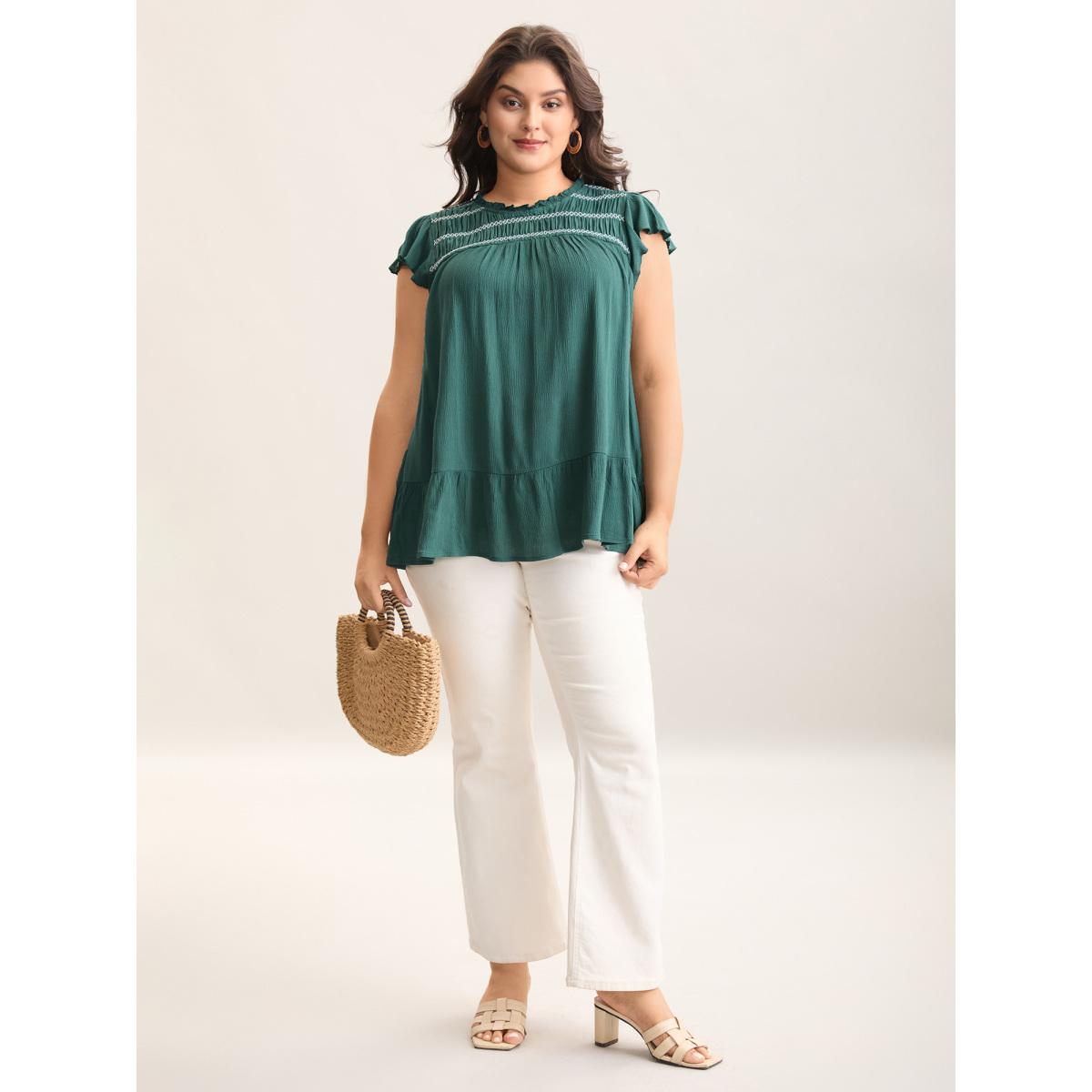 Plus Size Teal Rayon Shirred Neck Flutter Sleeve Tiered Blouse Women Cap Sleeve Round Neck Vacation Blouses BloomChic 18-20/2X Product Image