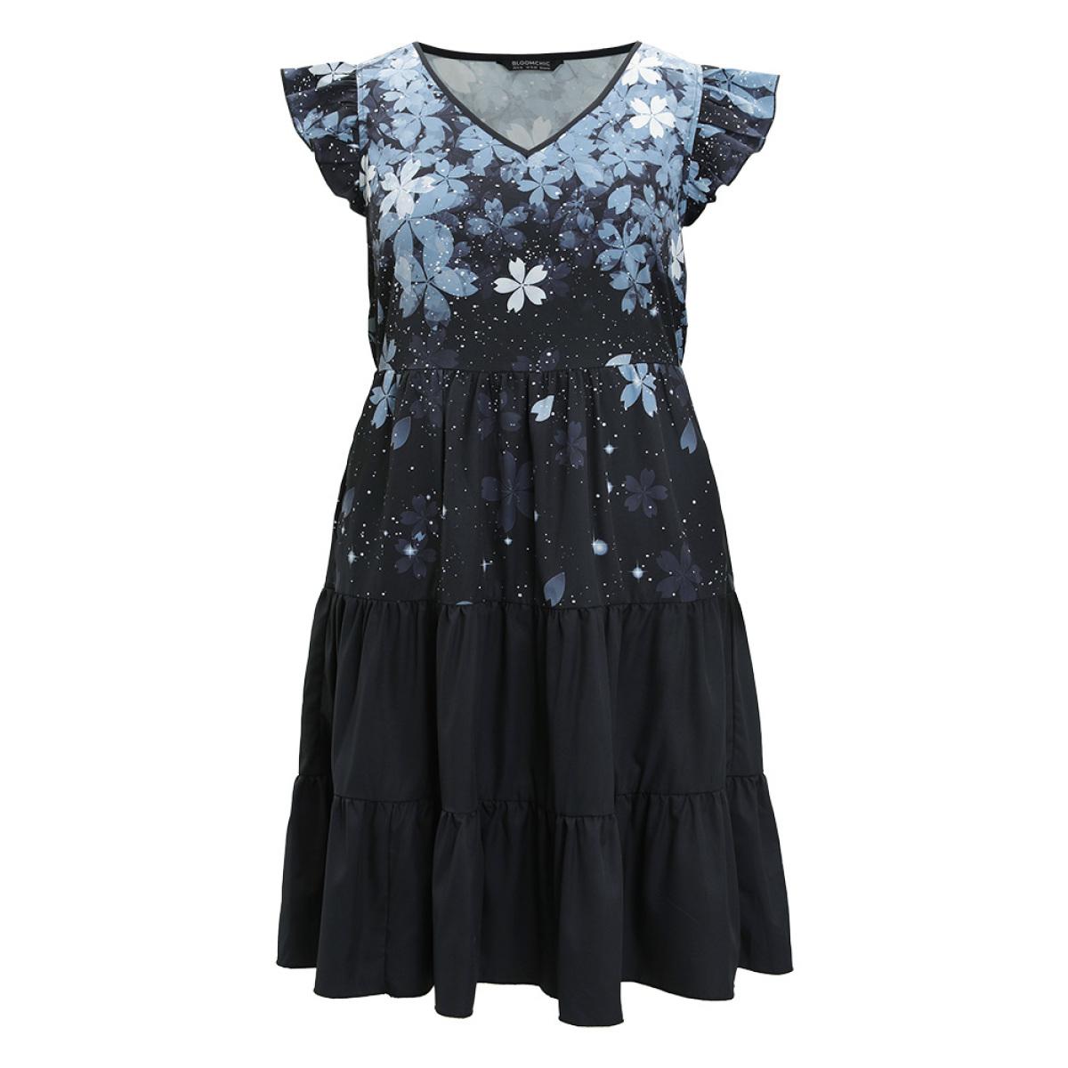 Plus Size Pixel Flower Pocket Cap Sleeve Layered Hem Dress BlackFlower Women Elegant Tiered V-neck Cap Sleeve Curvy Knee Dress BloomChic 10/M Product Image