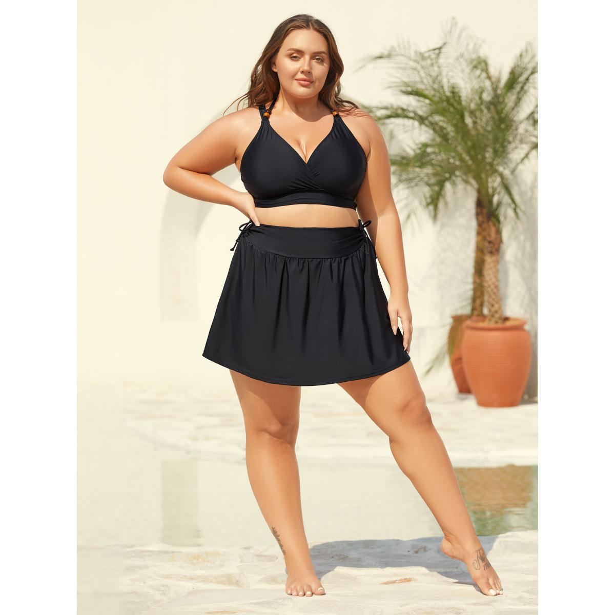 Plus Size Side Drawstring A-Line Mini Swim Skirt Women's Swimwear Black Beach Drawstring High stretch Bodycon Mid Rise Curve Swim Bottoms BloomChic 30/6X Product Image