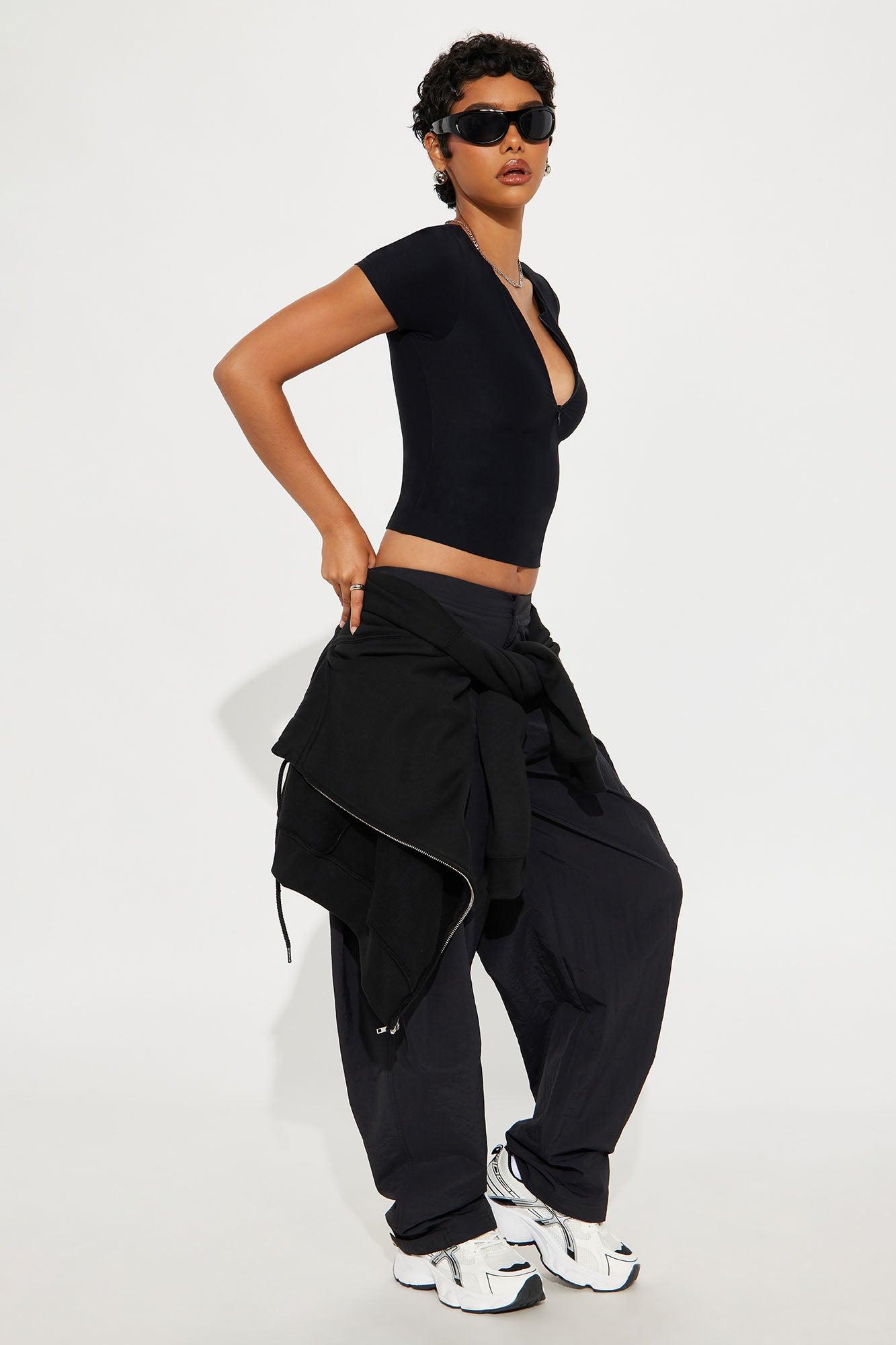 Second Skin Double Lined Zip Front Short Sleeve Top - Black Female Product Image