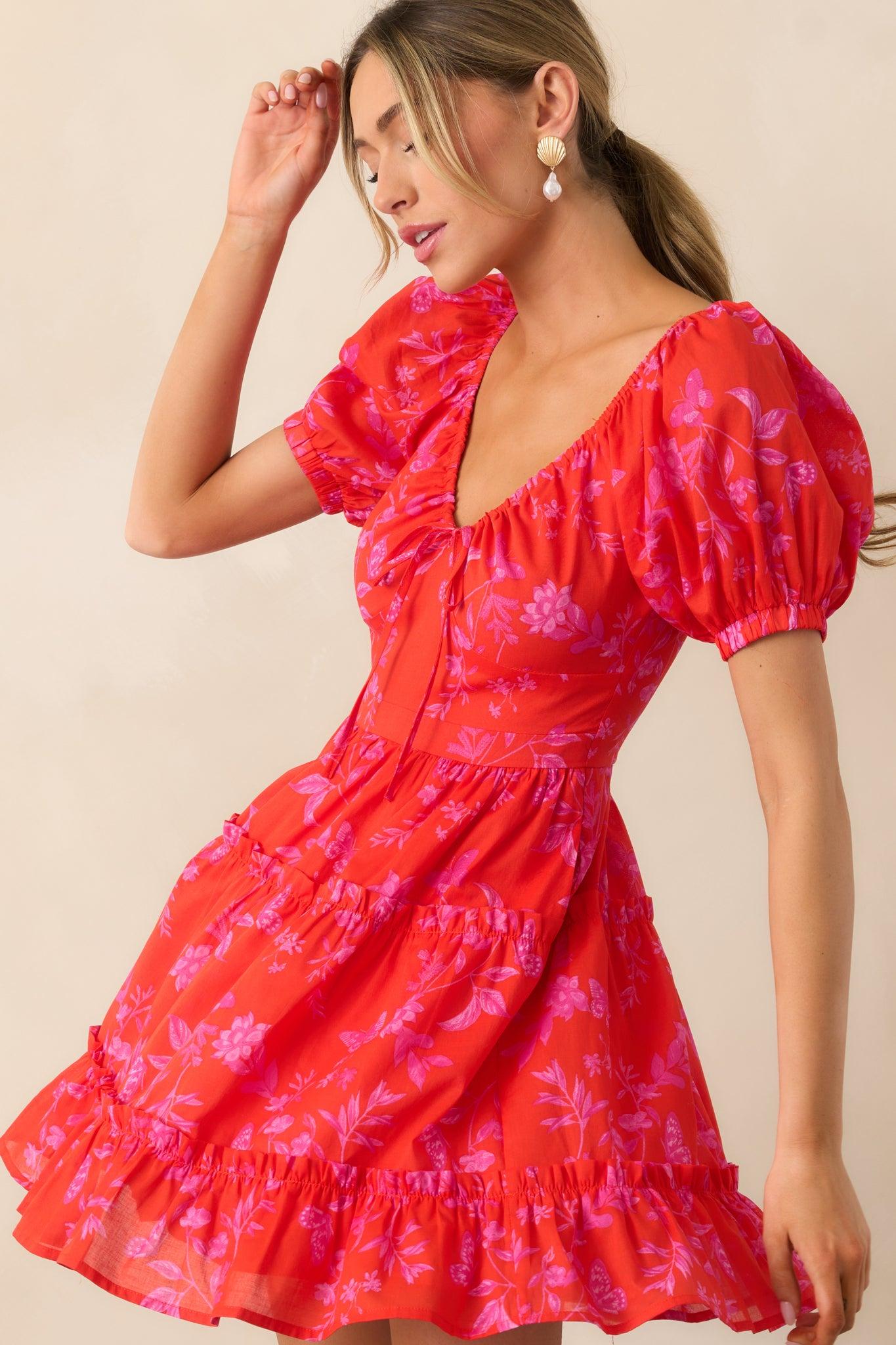 As It Should Be Red Floral Cotton Mini Dress Product Image