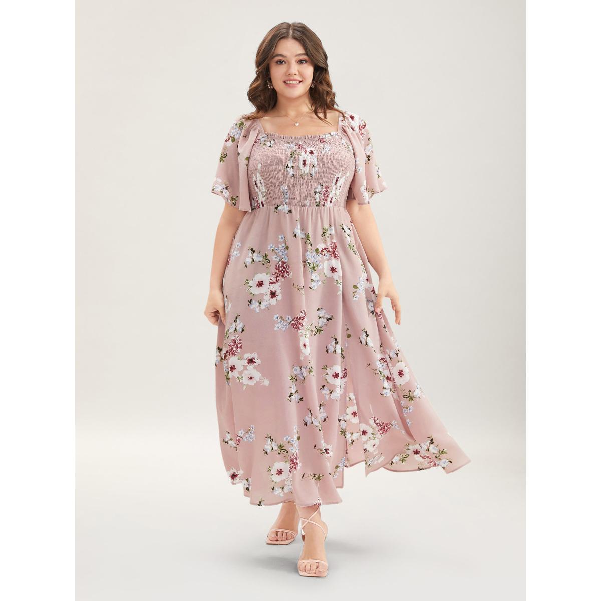 Plus Size Floral Square Neck Ruffles Pocket Shirred Split Dress DustyPink Women Romantic Non Square Neck Short sleeve Curvy BloomChic 30/6X Product Image