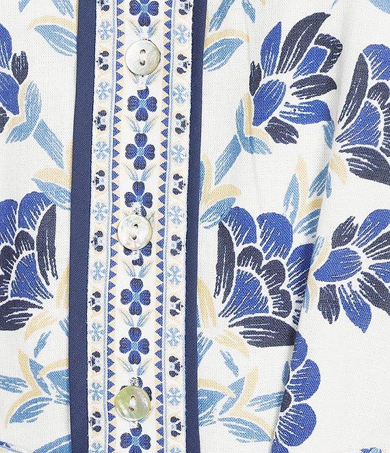 A Loves A Floral Woven Linen Round Neck Short Bubble Sleeve Button Front Tie at Waist A-Line Flounce Mini Dress Product Image