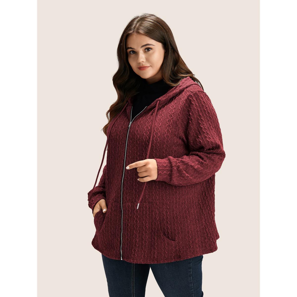 Plus Size Plain Textured Zipper Hooded Sweatshirt Women Burgundy Casual Non Hooded Everyday Sweatshirts BloomChic 22-24/3X Product Image