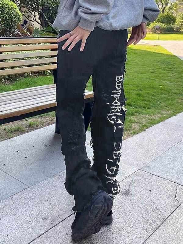 Men's Back Embroidered Distressed Straight Leg Jeans Product Image