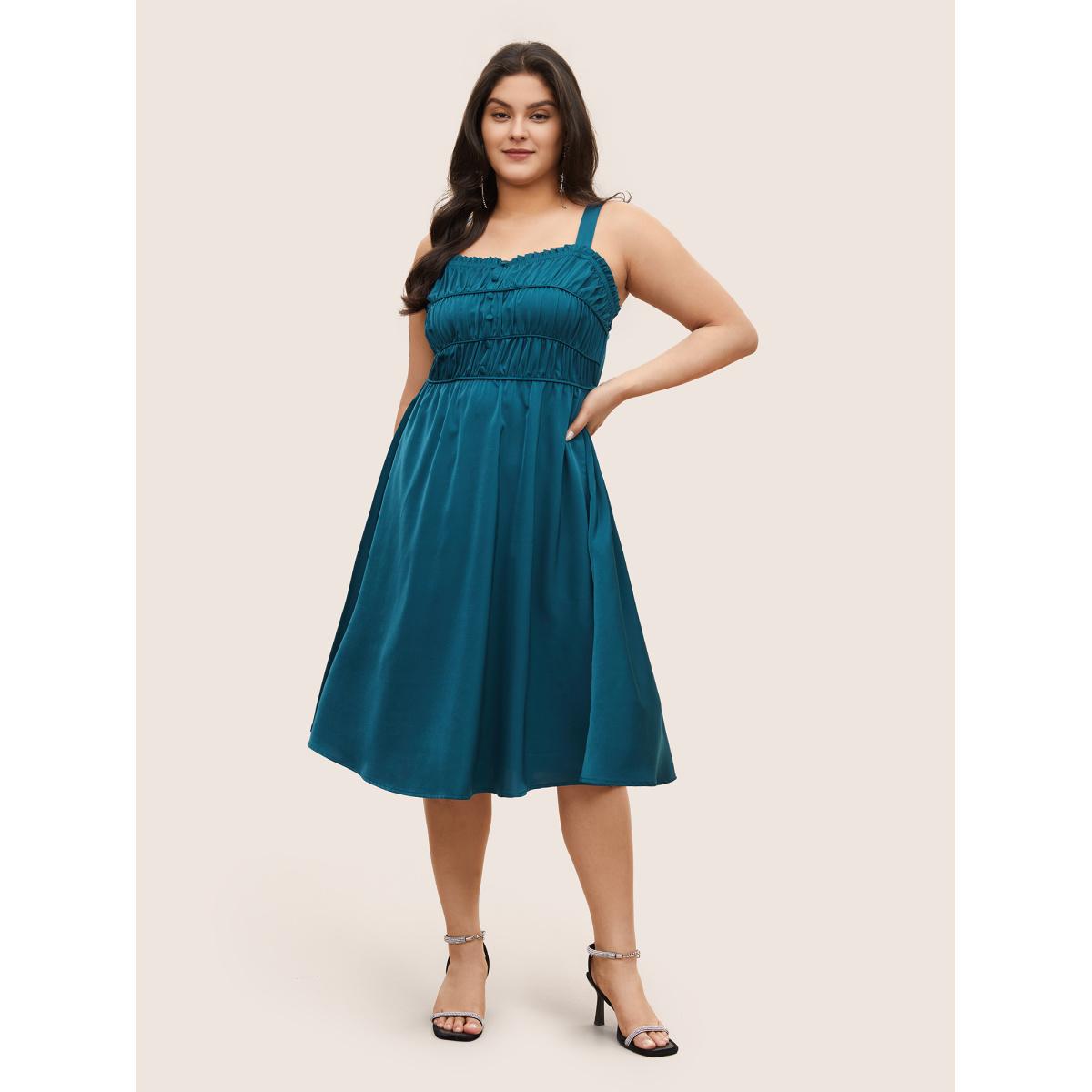 Plus Size Satin Solid Gathered Button Detail Cami Dress Aegean Women Elegant Non Non Sleeveless Curvy Midi Dress BloomChic 18-20/2X Product Image
