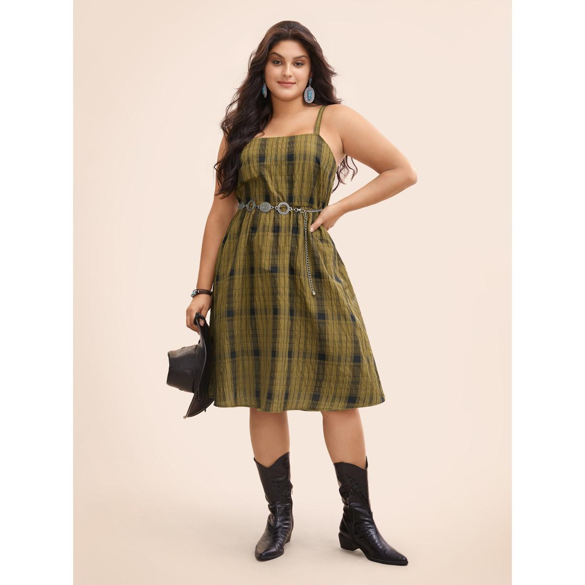 Plus Size Wrinkle-Treated Waist-Defining Midi Dress Olive Women Resort Texture Non Sleeveless Curvy BloomChic 26/4X Product Image